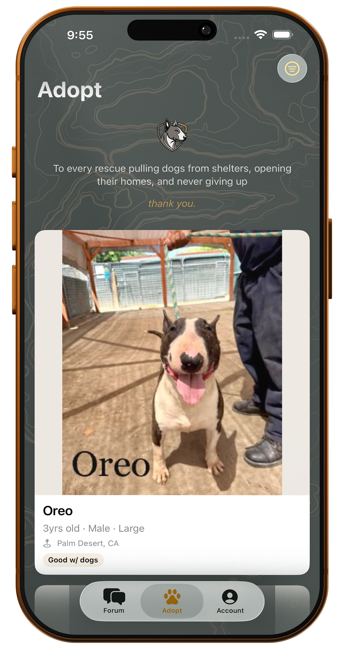 BTRN adopt screen with dog card